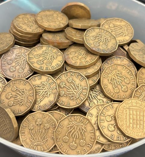 Old English Brass Threepence Coins 1937 to 1960s Large Bulk Lot