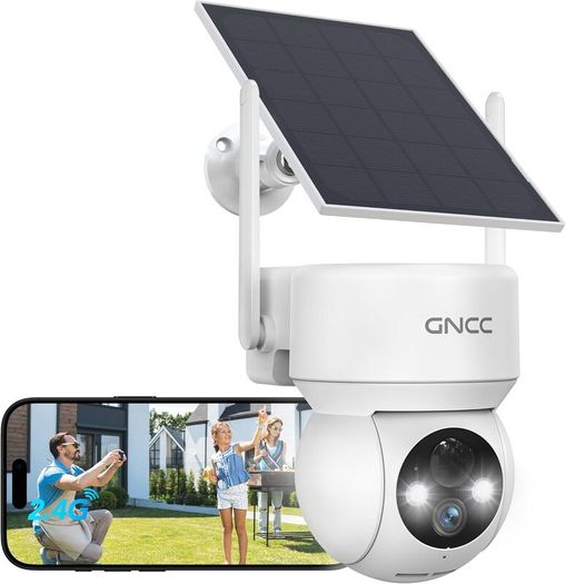 GNCC Solar Security Camera Outdoor Wireless 1080P/2MP CCTV Camera Systems, 360 PTZ Battery Powered Outdoor Camera, PIR Motion Detection, Colour Night Vision, 2-Way Audio, 2.4 GHz Wi-Fi Only
