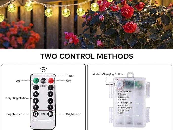 Fairy Lights Battery Operated 5M/20ft 50LEDs Crystal Ball Waterproof Globe String Lights Hanging Lights 8 Modes with Remote Control for Indoor Outdoor Bedroom Party Christmas Wedding Garden Decoration