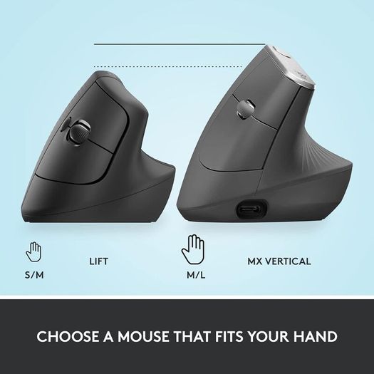 Lift Vertical Ergonomic Mouse, Wireless, Bluetooth or Logi Bolt USB receiver, Quiet clicks, 4 buttons, compatible with Windows/macOS/iPadOS, Laptop, PC - Graphite