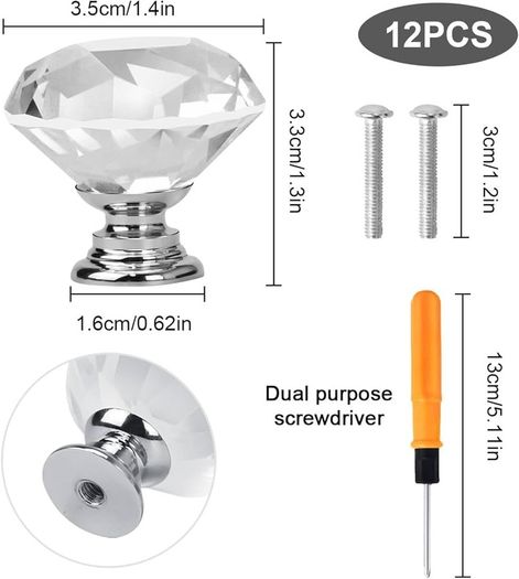 12 PCS Shimmering Crystal Door Knobs, Sparkling Diamond Cut Crystal Door Knobs with Screws Drawer Handles for Kitchen, Bathroom, and Office Cabinets