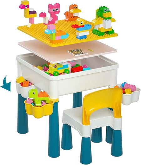 Kids Building Blocks Table and Chair Set, Multi-Activity Table with 1 Chair and 130 Pieces Large Building Blocks, Creativity Bricks Compatible Construction Toys for Boys and Girls