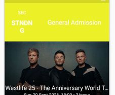 Westlife 20th Sep 26 Three Arena Dublin. 1 standing ticket