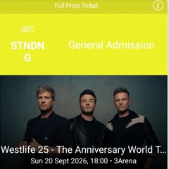 Westlife 20th Sep 26 Three Arena Dublin. 1 standing ticket