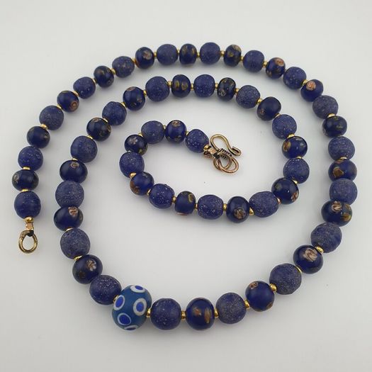 Antique Venetian African Style Floral & African Blue Glass Beads Necklace