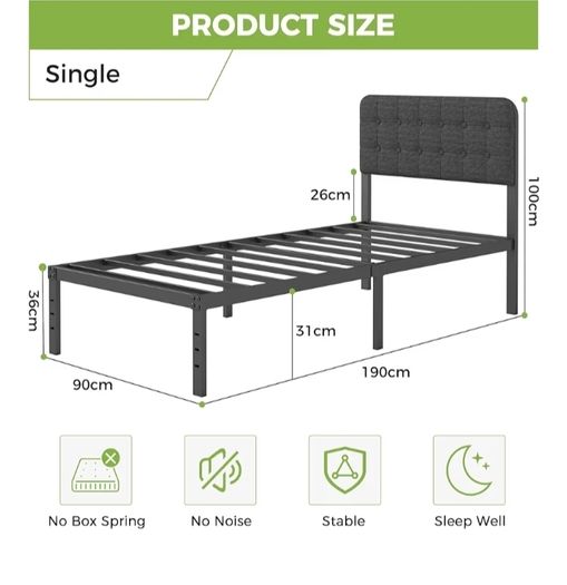 Single Bed Frame 3ft with Upholstered Headboard, 36 cm High, Heavy Duty Metal Bed Frame Single with Steel Slats, Ample Storage Underbed, Easy Assembly, Noise Free, Black