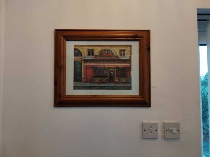 Framed Picture - "P.Legrand Confiserie" With Deep Red Colour & Wide Wood Surround