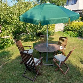 Garden table and chairs, parasol and cushions