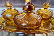 Bohemian Czech Art Deco Amber Glass Vanity Set