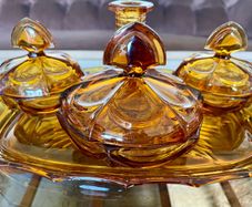 Bohemian Czech Art Deco Amber Glass Vanity Set