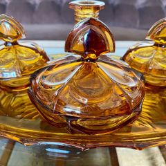 Bohemian Czech Art Deco Amber Glass Vanity Set