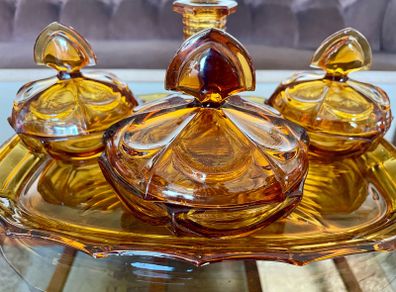 Bohemian Czech Art Deco Amber Glass Vanity Set