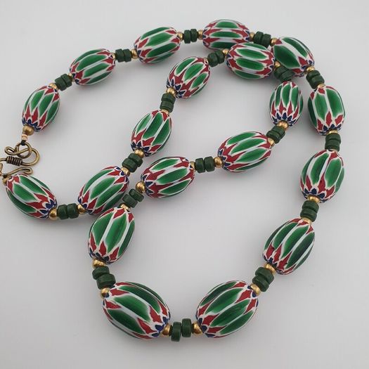 Antique Venetian Style Green Chevron Glass Beads Necklace