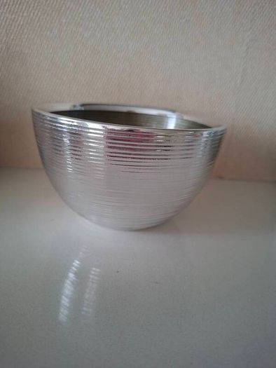 Hand Blown Glass Small Bowl with Silver Plate by Greggio