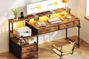 Computer desk with Power Outlet and Drawers Charging Station, LED Light