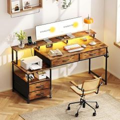 Computer desk with Power Outlet and Drawers Charging Station, LED Light