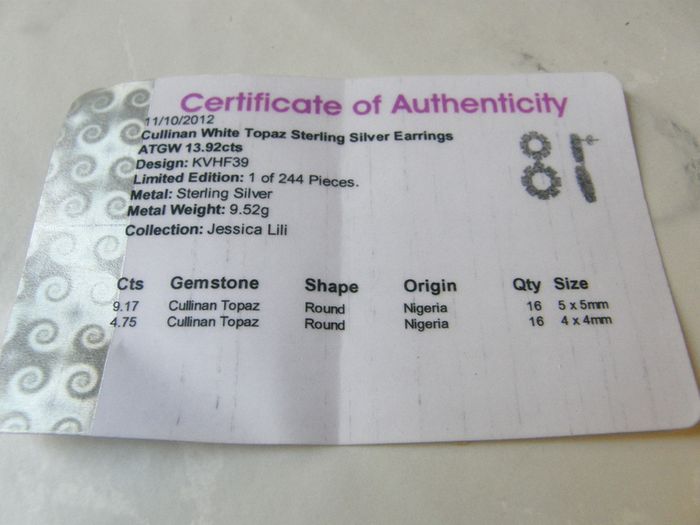 Limited Edition Cullinan White Topaz 925 Sterling Silver Drop Earrings 13.92ct Certificate of Authenticity