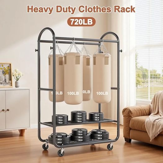 Heavy Duty Rolling Clothes Rail for Hanging Clothes, Double Hanging Rail with Lockable Castors, 326 KG Load Capacity, Metal Clothing Rail for Bedroom, Laundry, Retail, Black