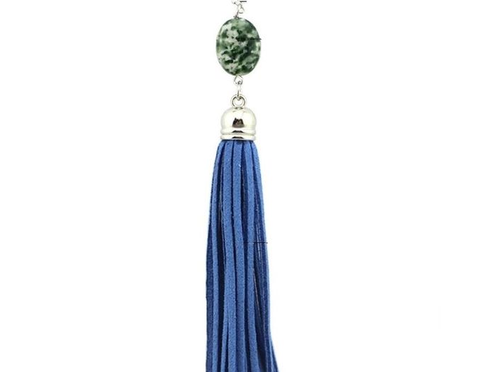 Boho Style. Leather Long Tassel Necklace with Natural Stone