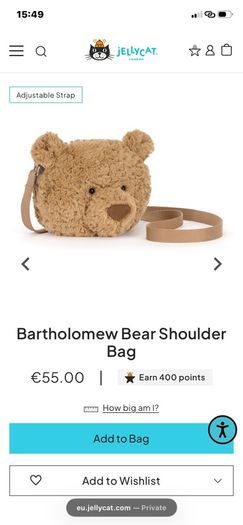 New JELLYCAT Bartholomew Bear Shoulder Bag