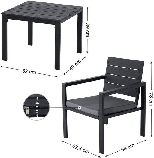 Set of 3 Garden Furniture 2 Chairs 1 Garden Table 2 Removable Cushions for Patio Garden Balcony Iron