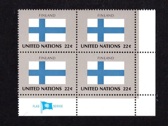 1985 United Nations New York Finland National Flag (part of flag series) Block of 4 Mint Never Hinged (MNH)