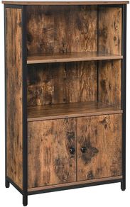 _Bookcase, Book Cabinet, Office Shelf, Kitchen Cabinet with 2 Open Compartments, 1 Shelf with Cupboard Doors, Multifunctional, Industrial Design, Vintage Brown/Black