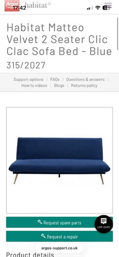 Habitat Matteo Clic Clac Blue Velvet Sofa Bed