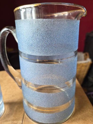 Vintage mid-century frosted blue & clear striped glass lemonade jug & glass