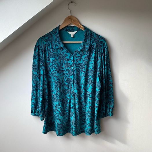 Seasalt Cornwall Teal Blue Leaf Print Blouse Shirt Size 18