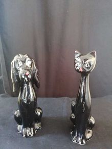Black Ceramic Cat Vase and Dog