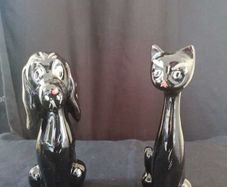 Black Ceramic Cat Vase and Dog
