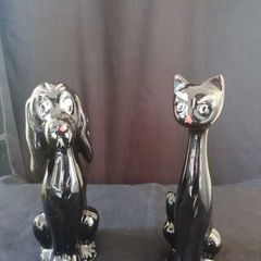 Black Ceramic Cat Vase and Dog