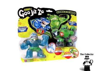 Heroes of Goo Jit Zu 2 Pack of Glow in The Dark Action Figures Battle Pack Thrash Vs Rock Figure Brand New Sealed Rare Hard To Find