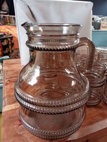 Vintage Fidenza Italian Smoked Glass Jug Set with 12 Glasses