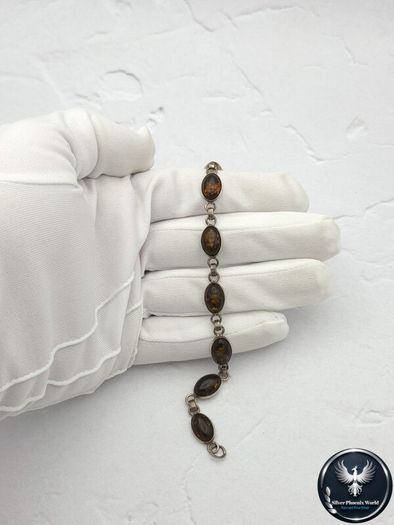 Vintage 925 Sterling Silver & Dark Brown Natural Baltic Amber Bracelet