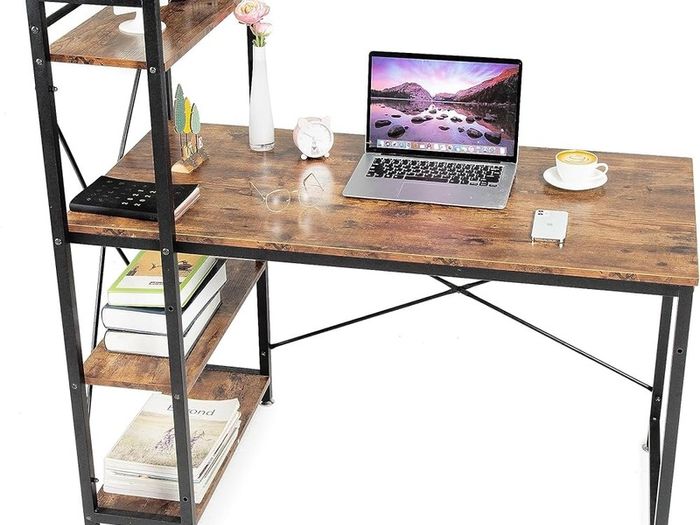SALE Oak & Tea Computer Desk, Writing Desk with 4 Tier DIY Storage Shelves on Left or Right, 120 x 60 x 122cm Work Table for Office Living Room, Steel Frame, Industrial