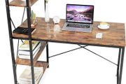 SALE Oak &amp; Tea Computer Desk, Writing Desk with 4 Tier DIY Storage Shelves on Left or Right, 120 x 60 x 122cm Work Table for Office Living Room, Steel Frame, Industrial
