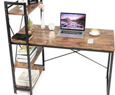 SALE Oak & Tea Computer Desk, Writing Desk with 4 Tier DIY Storage Shelves on Left or Right, 120 x 60 x 122cm Work Table for Office Living Room, Steel Frame, Industrial