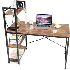 SALE Oak & Tea Computer Desk, Writing Desk with 4 Tier DIY Storage Shelves on Left or Right, 120 x 60 x 122cm Work Table for Office Living Room, Steel Frame, Industrial