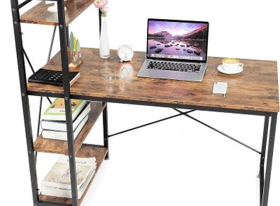 SALE Oak & Tea Computer Desk, Writing Desk with 4 Tier DIY Storage Shelves on Left or Right, 120 x 60 x 122cm Work Table for Office Living Room, Steel Frame, Industrial