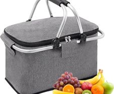 30 L Shopping Basket Cooler Bag Insulated Picnic Basket, Premium Extra Large Cooling Cooler Cool Bag, Collapsible Lunch Bag Box, for Camping/Outdoor Activities/Family Travel/BBQ/Shopping (Gray)