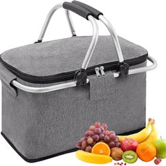 30 L Shopping Basket Cooler Bag Insulated Picnic Basket, Premium Extra Large Cooling Cooler Cool Bag, Collapsible Lunch Bag Box, for Camping/Outdoor Activities/Family Travel/BBQ/Shopping (Gray)