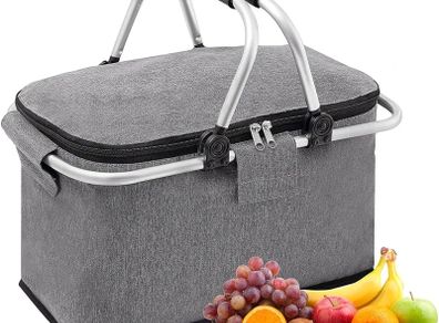 30 L Shopping Basket Cooler Bag Insulated Picnic Basket, Premium Extra Large Cooling Cooler Cool Bag, Collapsible Lunch Bag Box, for Camping/Outdoor Activities/Family Travel/BBQ/Shopping (Gray)