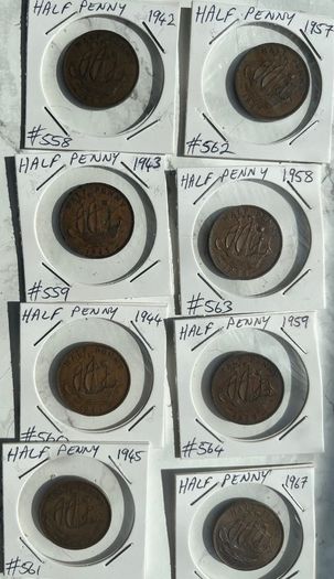 British Ship Halfpennies x 8 - 1942 to 1967 (dates below)