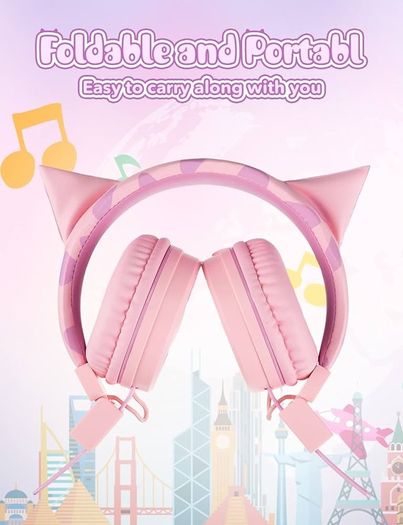 NEW SALE | Cat Ear Kids Headphones with Microphone for School, Volume Limiter 85/94dB, Wired Girls Headphones with Foldable Design