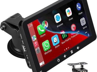 Portable Car Stereo,for Wireless Apple Carplay & Android Auto,7 Inch 1080P HD Touch Screen Radio with BT 5.0, Mirror Link Support Truck RV Dash Mount (7 Inch + Camera