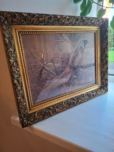 Vintage 1970s framed art print titled "Pheasant and Wagon Wheel" by American Wildlife Artist Robert K. Abbett