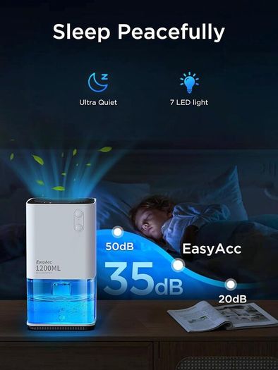 1200ml Electric Dehumidifier with Ultra Quiet & Auto Shut off 7 Colorful LED Portable Mini Dehumidifier for Wardrobe, Bathroom, Closet, RV, Bedroom, Garage