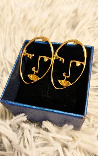 Golden Artistic Face-Shaped Earrings Minimalist Statement Jewelry